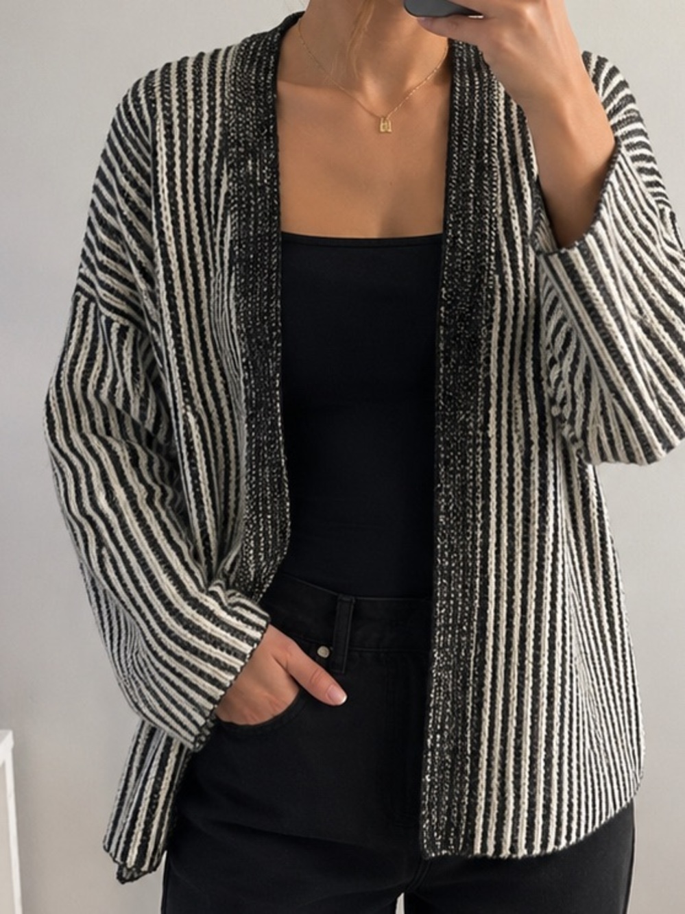 New Black and White Striped Sweater Cardigan